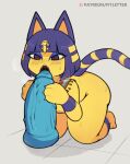  &lt;3 &lt;3_eyes animal_crossing ankha_(animal_crossing) anthro bodily_fluids breasts dildo dildo_lick domestic_cat felid feline felis female fitletter hi_res kneeling licking mammal nintendo nude open_mouth paws sex_toy simple_background solo sweat tongue tongue_out video_games 