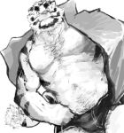  2014 anthro barazoku biped bulge clothed clothing felid humanoid_hands kemono koto_(pixiv_2766446) male mammal monochrome nipples open_clothing open_shirt open_topwear pantherine shirt simple_background solo tiger topwear underwear white_background 