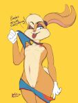  3:4 anthro belly breasts clothed clothing clothing_lift dialogue digital_media_(artwork) female flat_chested fur genitals gloves hair handwear hi_res lagomorph leporid lola_bunny looney_tunes mammal navel nipples one_eye_closed presenting pussy rabbit solo space_jam sportswear text tongue tongue_out warner_brothers wink winteranswer 
