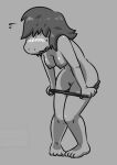  2018 4_fingers anthro bent_over blush bodily_fluids breasts clenched_teeth clothed clothing deltarune embarrassed female fingers front_view grey_background greyscale hair hair_over_eyes holding_clothing holding_object holding_panties holding_underwear lizard medium_breasts monochrome non-mammal_breasts non-mammal_nipples obscured_eyes onihidden panties panties_down partially_clothed reptile scalie sharp_teeth simple_background solo susie_(deltarune) sweat sweatdrop teeth topless undertale_(series) underwear underwear_down undressing video_games 