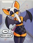  absurd_res anthro bat_wings bottomwear chiropteran clothing covering covering_mouth female fitletter goth hi_res legwear looking_at_viewer mammal membrane_(anatomy) membranous_wings panties rouge_the_bat school sega shirt skirt solo sonic_the_hedgehog_(series) squish tank_top thigh_highs thigh_squish topwear underwear upskirt wings 