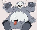  2013 anthro black_body black_nose blush censored chain chained erection genitals humanoid_hands japanese_text katikuika kemono male nintendo overweight overweight_male pangoro penis pok&eacute;mon pok&eacute;mon_(species) sitting solo text video_games white_body 