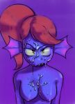  2021 animal_humanoid aoncyth bodily_fluids breasts cum cum_drip cum_on_breasts cum_on_face deltarune dripping female fish fish_humanoid genital_fluids hair humanoid looking_at_viewer marine marine_humanoid nipples nude open_mouth purple_background red_hair sharp_teeth simple_background solo teeth undertale undertale_(series) undyne video_games 