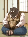  2014 anthro belly black_body black_fur blush bottomwear brown_nose clothing fur humanoid_hands inside kemono male mammal mature_male overweight overweight_male pants shirt sitting solo sweater sweater_vest tianzhon topwear ursid vest 