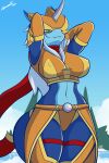  2021 2:3 absurd_res anthro armor bandai_namco bedroom_eyes big_breasts blue_body blue_skin breasts digimon digimon_(species) dragon fangs femacendramon female flamedramon green_eyes hair hands_behind_head hi_res long_hair looking_at_viewer lyorenth-the-dragon midriff narrowed_eyes navel nipple_outline outside pupils seductive slit_pupils smile smirk solo thick_thighs white_hair wide_hips 