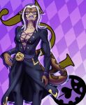  anthro black_bottomwear black_clothing black_pants bottomwear breasts cleavage clothed clothing cosplay dregadude dyed-hair eyeshadow female fin fish frown gills ground_shark hi_res highlights_(coloring) jacket_around_waist jojo&#039;s_bizarre_adventure leone_abbacchio leopard_shark logo looking_at_viewer makeup marine medal pants scalie scowl shark solo string triakid 