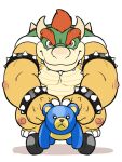  2014 3:4 anthro belly biped black_nose blue_body bowser duo eclipsewolf humanoid_hands koopa mammal mario_bros nintendo overweight sad scalie simple_background ursid video_games 