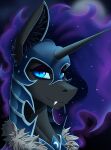  absurd_res armor blue_eyes blue_hair equid equine ethereal_hair ethereal_mane fangs female friendship_is_magic hair hasbro headgear helmet hi_res horn looking_at_viewer mammal my_little_pony nightmare_moon_(mlp) portrait pseudo_hair pseudo_mane pupils slit_pupils smile solo sparkles twotail813 unicorn 