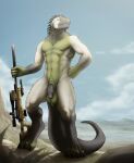  anthro armpit_hair athletic athletic_anthro athletic_male awp ball_tuft balls body_hair corrsk desert detailed_background digital_media_(artwork) flaccid fur genitals gun hi_res holding_object holding_weapon humanoid_genitalia humanoid_penis iguanid lizard looking_at_viewer male military nude outside penis pubes ranged_weapon reptile rifle scalie sky sniper sniper_rifle solo tuft weapon 
