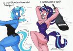  angry anthro anthrofied breasts chair chase chasing cleavage clothed clothing dialogue english_text equid equine female friendship_is_magic furniture hasbro hi_res horn leotard mammal my_little_pony newyorkx3 one-piece running starlight_glimmer_(mlp) steel_chair text trixie_(mlp) unicorn 