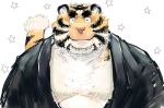  2014 anthro asian_clothing belly clothing east_asian_clothing eyes_closed felid japanese_clothing kemono koto_(pixiv_2766446) male mammal overweight overweight_male pantherine portrait simple_background solo tiger 
