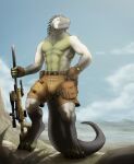  anthro armpit_hair athletic athletic_anthro athletic_male awp body_hair clothed clothing corrsk desert detailed_background digital_media_(artwork) fur gun hi_res holding_object holding_weapon iguanid lizard looking_at_viewer male military outside ranged_weapon reptile rifle scalie shirtless sky smile sniper sniper_rifle solo weapon 