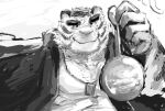  2014 anthro biped clothing felid humanoid_hands kemono koto_(pixiv_2766446) male mammal medal monochrome pantherine shirt simple_background slightly_chubby solo tiger topwear 