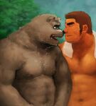  2013 anthro band-aid bandage belly blush bodily_fluids duo human human_on_anthro interspecies kemono koto_(pixiv_2766446) male male/male mammal moobs musclegut nipples nose_kiss outside slightly_chubby sweat towel towel_around_neck ursid 