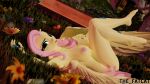  16:9 3d_(artwork) 4k absurd_res anthro areola arthropod barefoot blue_eyes breasts butterfly cutie_mark digital_media_(artwork) equid equine feathered_wings feathers feet female flower fluttershy_(mlp) friendship_is_magic fur hair hasbro hi_res huge_filesize humanoid_feet insect lepidopteran looking_at_viewer lying mammal my_little_pony nipples nude on_back pegasus pink_hair plant solo the_fatcat widescreen wings yellow_body yellow_fur 