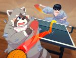 2021 anthro asian_clothing ball black_nose blue_eyes blush clothing convenient_censorship detailed_background duo east_asian_clothing fur grey_body grey_fur hi_res human humanoid_hands japanese_clothing k_gutless kemono male mammal overweight overweight_male ping_pong procyonid raccoon table_tennis table_tennis_paddle 
