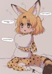  2020 animal_humanoid blonde_hair blush brown_eyes clothing cute_fangs edit english_text felid felid_humanoid feline feline_humanoid female fingers footwear hair hi_res humanoid inner_ear_fluff kemono_friends looking_at_viewer mammal mammal_humanoid open_mouth open_smile pillow ransu_33 serval-chan serval_humanoid shoes smile solo text translated tuft white_clothing white_footwear white_shoes 