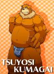  2014 anthro asian_clothing blush brown_body bulge clothing east_asian_clothing fundoshi humanoid_hands japanese_clothing kemono male mammal musclegut overweight overweight_male seturou1010 solo text underwear ursid 