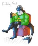  anthro armchair breath_of_the_wild cetacean chair controller delphinoid fin food furniture gaming headphones hi_res hunkinkalv male mammal marine nintendo oceanic_dolphin orca pizza pizza_slice playing_videogame simple_background solo tail_fin the_legend_of_zelda toothed_whale video_games 