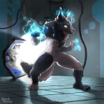  1:1 anthro black_body black_fur breasts canid canine dark_body dark_fur door doorway ear_piercing electricity electricity_manipulation elemental_manipulation female fighting_pose fur hi_res inside laboratory looking_away mammal nude piercing pose sackrany solo stiches wall_(structure) white_body white_fur yellow_eyes 