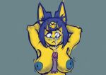  animal_crossing ankha_(animal_crossing) anthro areola big_breasts blue_blush blue_hair blue_nipples blush bodily_fluids breast_play breasts cum cum_on_face disembodied_penis domestic_cat duo felid feline felis female fur genital_fluids genitals hair hi_res humanoid_genitalia humanoid_penis male male/female mammal nintendo nipples penis sex sexylinguini titfuck video_games yellow_body yellow_fur 