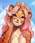  2021 alexandra_(velocitycat) anthro breasts cheetah clothed clothing day detailed_background digital_media_(artwork) felid feline female fingers fur furlana hair hi_res mammal outside purple_eyes sky smile solo spots spotted_body spotted_fur 