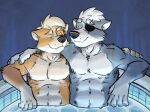  2021 abs anthro anthro_on_anthro arm_around_shoulders black_nose canid canine canis clothed clothing duo embrace eye_patch eye_scar eyes_mostly_closed eyewear facial_scar fox fox_mccloud front_view fur grey_body grey_fur head_tuft hi_res hot_tub k-9 male male/male mammal multicolored_body multicolored_fur narrowed_eyes nintendo orange_body orange_fur pecs pool_lights scar signature star_fox topless topless_anthro topless_male tuft two_tone_body two_tone_fur video_games water white_body white_fur wolf wolf_o&#039;donnell 