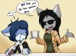  2019 anthro black_hair blue_body blue_eyes blue_fur blue_hair canid canine canis clothing cosplay dialogue digital_media_(artwork) domestic_cat domestic_dog duo english_text eyelashes eyewear faith_(icirculate-sound) felid feline felis female fingers fur grey_body grey_fur hair hoodie husky long_hair mammal multicolored_body multicolored_fur nordic_sled_dog sandwich-anomaly simple_background sitting smile spitz standing sunglasses tan_background teeth text the_big_lebowski tongue topwear vanessa_(sandwich-anomaly) whiskers white_body white_fur 