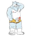  2015 anthro balls black_nose blue_body canid canine canis clothing domestic_dog erection eyes_closed genitals hi_res humanoid_genitalia humanoid_hands humanoid_penis kemono l2al3biz male mammal nipples overweight overweight_male penis simple_background solo underwear white_background white_body 