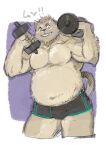  2013 anthro belly brown_body brown_fur bulge clothing exercise felid feline fur humanoid_hands japanese_text kemono male mammal musclegut navel overweight overweight_male simple_background solo t09a60y text underwear workout 