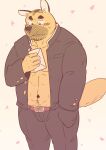  2015 anthro blush bottomwear brown_body canid canine canis clothing domestic_dog humanoid_hands kemono kick_(artist) male mammal muscular muscular_male navel pants simple_background solo 