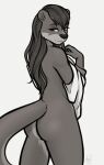  anthro black_nose butt clothing edit fairdahlia female hair hi_res long_hair long_tail lutrine mammal monochrome mustelid nat_(mykegreywolf) nude nude_edit rear_view shirt_up simple_background smile solo tasteful thick_tail undressing 