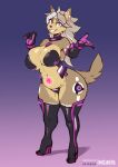  2021 absurd_res anthro big_breasts bra breasts c-string canid canine clothed clothing curvy_figure female hi_res legwear looking_at_viewer mammal science_fiction skimpy solo standing the_dogsmith thick_thighs thigh_highs underwear voluptuous wide_hips womb_tattoo 