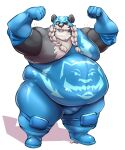  2021 anthro belly big_belly black_body black_nose bulge giant_panda hi_res humanoid_hands lakalando male mammal mask obese obese_male one_eye_closed overweight overweight_male simple_background solo ursid white_body wink wrestler wrestling_singlet 
