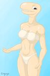  2_fingers absurd_res bikini blue_background breasts cayugo cel_shading cleavage clothed clothing female fingers hi_res humanoid looking_at_viewer navel shaded sharp_teeth simple_background smile solo swimwear teeth unknown_species 