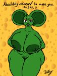  3:4 absurd_res anthro anthrofied areola big_breasts big_ears black_eyes breasts buckteeth cheese chubby_female dairy_products darkened_genitalia darkened_pussy eyelashes female food frooby fur genitals glistening glistening_eyes green_areola green_body green_fur groping_breasts groping_self head_tuft hi_res huge_breasts huge_thighs humor joke lips mammal meme mouse murid murine open_mouth orange_eyeshadow orange_lipstick pepe_the_frog pun pussy rodent signature simple_background smile solo teeth text thick_thighs tuft whiskers 