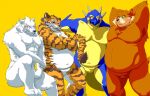  2011 anthro barazoku belly blue_body blush brown_body canid canine canis dragon felid gaf1117 green_eyes group humanoid_hands kemono male mammal muscular muscular_male overweight overweight_male pantherine simple_background sitting tiger ursid white_body wolf yellow_background yellow_body yukikazefactory 