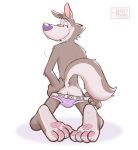  2021 4_toes absurd_res anthro biped blush butt canid canine canis chip_the_wolf claws clothed clothing clothing_pull cookie_crisp english_text feet finger_claws fur grey_body grey_fur hand_on_hip hi_res kneeling male mammal markydraws narrowed_eyes pawpads pink_pawpads purple_clothing purple_nose purple_underwear rear_view simple_background smile solo text toes topless underwear underwear_pull wolf 
