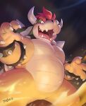  2021 anthro armband bowser bracelet claws collar eyebrows finger_claws fire hair horn jewelry koopa male mario_bros musclegut nintendo open_mouth red_eyes red_hair scalie shell signature solo spiked_armband spiked_bracelet spiked_collar spiked_shell spikes spikes_(anatomy) teeth tigerlukke tongue video_games 
