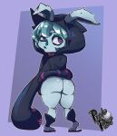  anthro bottomless butt clothed clothing female frown hi_res hood league_of_legends looking_back oversized_sleeves protopulsar rear_view riot_games short_stack simple_background solo vex_(lol) video_games yordle 