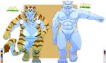  2016 anthro barazoku belly biped canid canine canis duo felid humanoid_hands japanese_text kemono male mammal moobs muscular muscular_male navel overweight overweight_male pantherine simple_background text tiger white_body wolf yukikazefactory 