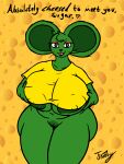  3:4 absurd_res anthro anthrofied areola big_breasts big_ears black_eyes breasts buckteeth cheese chubby_female clothing dairy_products darkened_genitalia darkened_pussy eyelashes female food frooby fur genitals glistening glistening_eyes green_areola green_body green_fur groping_breasts groping_self head_tuft hi_res huge_breasts huge_thighs humor joke lips mammal meme mouse murid murine open_mouth orange_eyeshadow orange_lipstick pepe_the_frog pun pussy rodent shirt signature simple_background smile solo t-shirt teeth text thick_thighs topwear tuft whiskers 