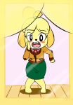  2018 alyssa-the-artista animal_crossing anthro barefoot black_nose blonde_hair blush bottomwear breasts canid canine canis clothing domestic_dog feet female first_person_view hair hi_res implied_transformation isabelle_(animal_crossing) looking_at_viewer mammal mirror nintendo open_mouth pencil_skirt shocked skirt solo standing video_games yellow_body 