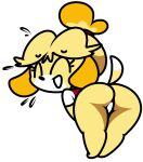  animal_crossing anthro bent_over blonde_hair butt canid canine canis clothing domestic_dog eyes_closed female hair isabelle_(animal_crossing) looking_back mammal nervous nintendo panties presenting presenting_hindquarters shih_tzu solo standing toy_dog underwear upskirt video_games vilepluff 