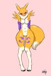  anthro bandai_namco black_sclera blue_eyes blush breasts butt_from_the_front cleavage clothed clothing digimon digimon_(species) embarrassed embarrassed_nude_female facial_markings female front_view full-length_portrait fur gatox_(artist) genitals hands_behind_back head_markings hi_res knock-kneed markings navel nipples nude portrait pussy renamon simple_background small_waist solo standing thick_thighs thigh_gap white_body white_fur wide_hips yellow_body yellow_fur 