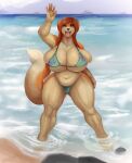  anthro beach big_breasts bikini boat breasts bulging_breasts canid canine canis clothing domestic_dog female gesture hair hi_res huge_breasts keeltheequine mammal potbelly seaside slightly_chubby solo swimwear thick_thighs vehicle water watercraft waving wide_hips 
