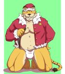  2012 a8taka_ism anthro belly blush christmas christmas_clothing christmas_headwear clothing eyes_closed felid hat headgear headwear holidays humanoid_hands kemono male mammal moobs overweight overweight_male pantherine santa_hat simple_background solo tiger 