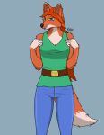  anthro belt bottomwear breasts canid canine cleavage clothed clothing denim denim_clothing dipstick_ears dipstick_tail female fox hair hi_res jeans looking_at_viewer mammal markings multicolored_ears multicolored_tail pants repgg shirt solo tail_markings terraria topwear zoologist_(terraria) 