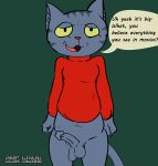  2021 absurd_res anthro balls bottomless breaking_the_fourth_wall clothed clothing collaboration cringebird dialogue digital_media_(artwork) domestic_cat english_text felid feline felis fritz_the_cat fritz_the_cat_(character) fur genitals hi_res illegaleel looking_at_viewer male mammal open_mouth penis smile solo tagme talking_to_viewer text tongue topwear topwear_only 