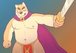  2015 anthro belly blush bottomwear canid canine canis cape clothing domestic_dog humanoid_hands kemono kick_(artist) loincloth male mammal melee_weapon moobs navel nipples overweight overweight_male solo sword weapon 